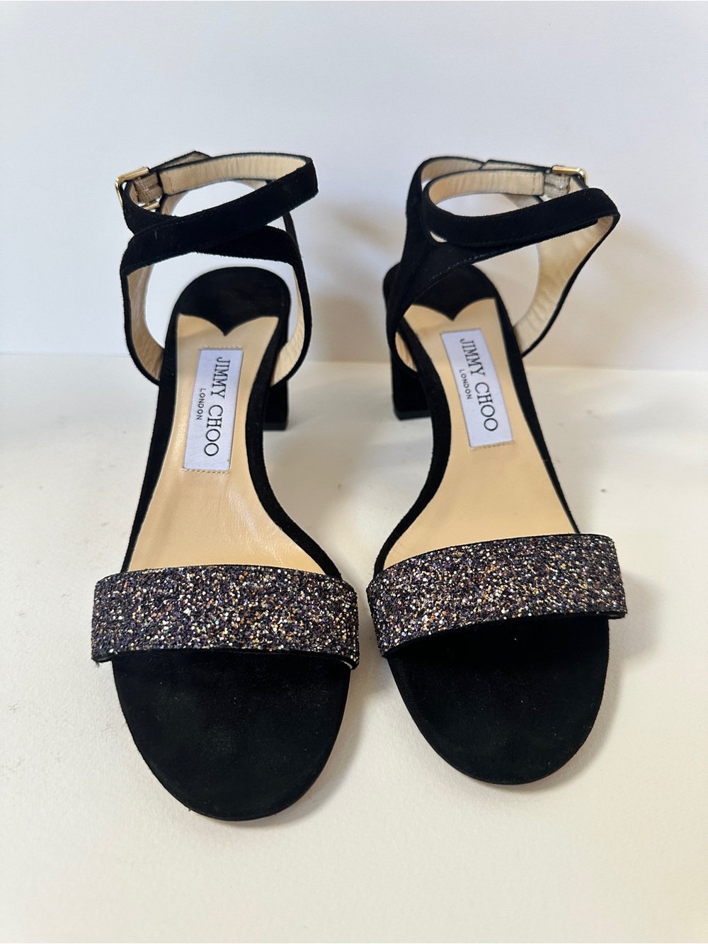 Jimmy Choo Marine Black Suede & Glitter Block Heel Sandals Size 38